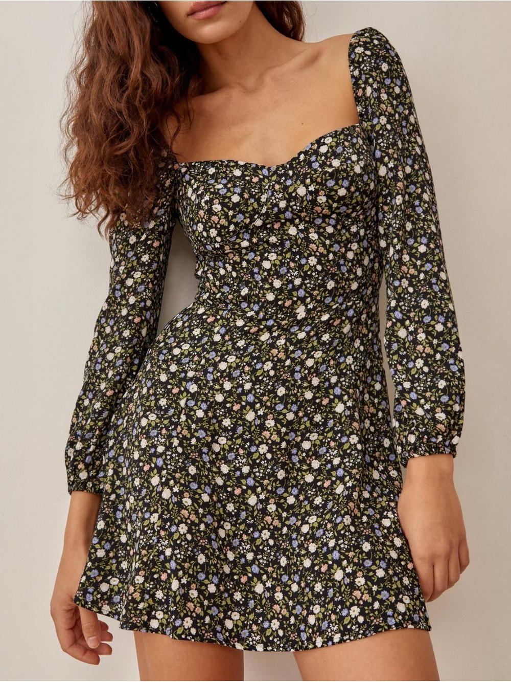 Reformation Size 12 Mochi Black Ditsy Floral Sweetheart Long Sleeve Mini Dress